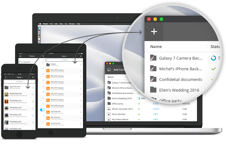 Sync photos, videos, music, PDFs, docs or any other file types to/from your mobile phone or tablet. Using 'Selective Sync', you can choose to sync only the files you need, whenever you need them.